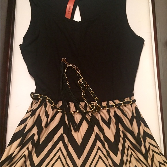 Chevron dress with gold belt
