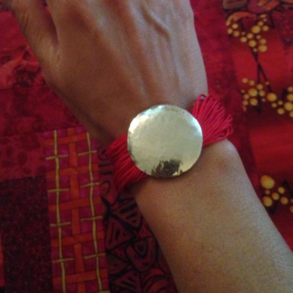 Hammered silver and red rope bracelet