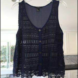 Navy blue sheer and crocheted tank top