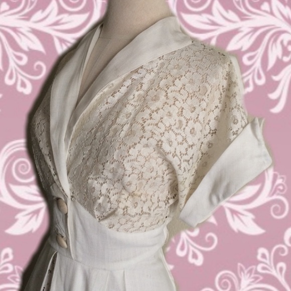 👑SOLD 50's Ivory Chantilly Lace Linen Dress XL - Picture 2 of 4