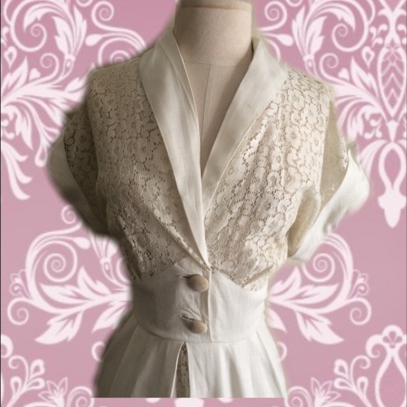 👑SOLD 50's Ivory Chantilly Lace Linen Dress XL - Picture 3 of 4