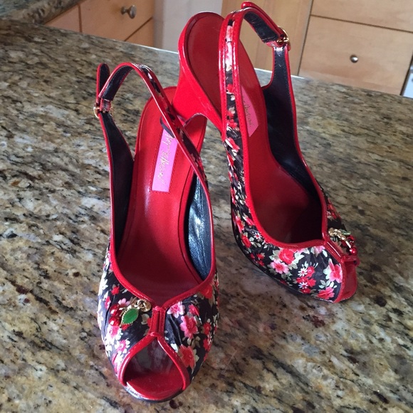 Betsy Johnson floral cherry red peep toe heels