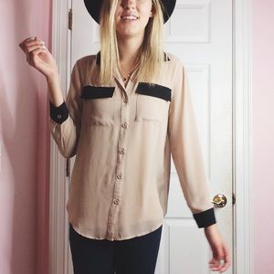 Black and Tan Chiffon Button-Up