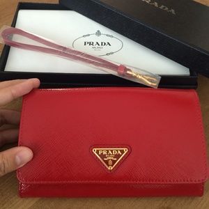 NEW prada patent red saffiano wristlet