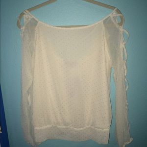 White open criss cross sleeve jeweled blouse