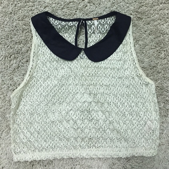 Free People Cream/ Black Peter Pan Collar Crop Top