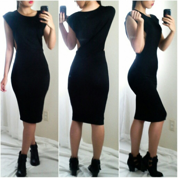 Black, Wide Sleeve Midi Bodycon Dress.