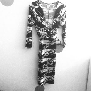 black white belted dress