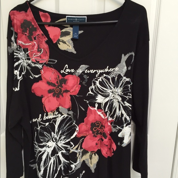 Karen Scott Tops - Elegant black top with red and white flowers