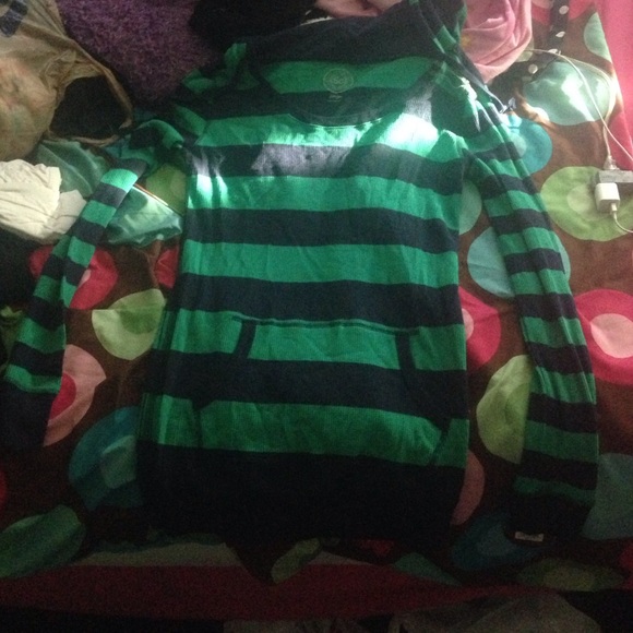 Navy blue and green striped shirt with hood