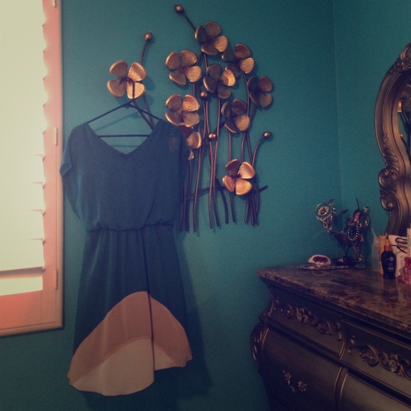 V-necked teal dress on front and back.