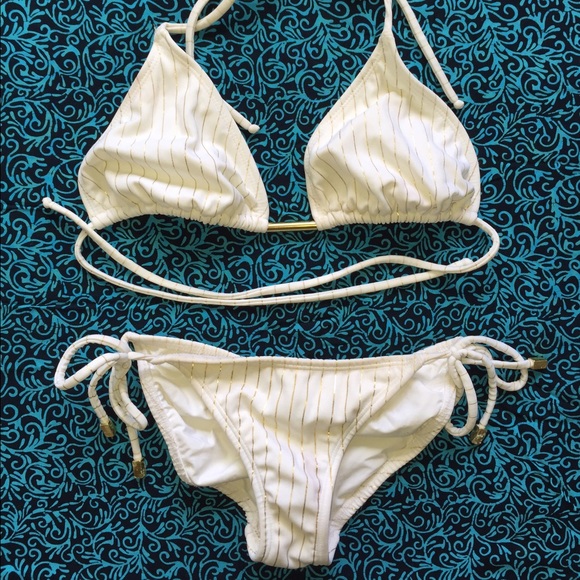 Vix White & Gold stripe bikini - Top L & Bottom S