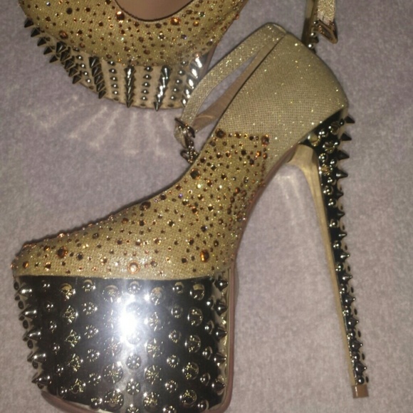 Gold spiked ankle strap stilletos