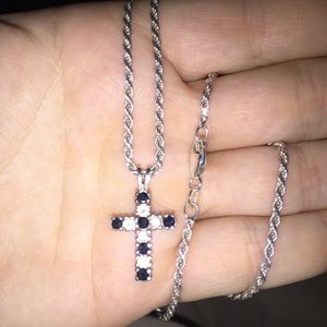 Real blue and white sapphire cross with chain