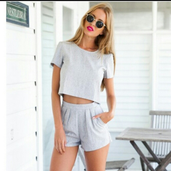 Gray linen crop top short set