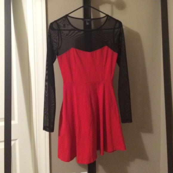 Red Skater Dress With Mesh Detail