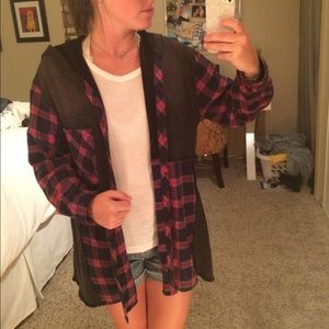 Plaid pink, charcoal grey, navy jacket