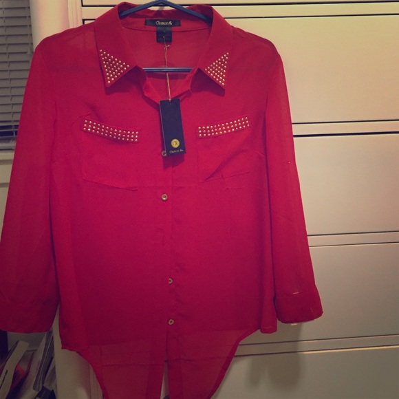 Thin red button up shirt
