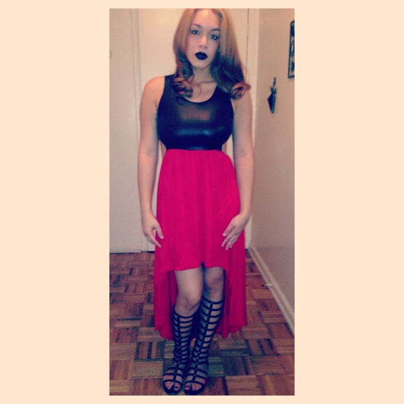 Faux Leather/Red High-Low Dress