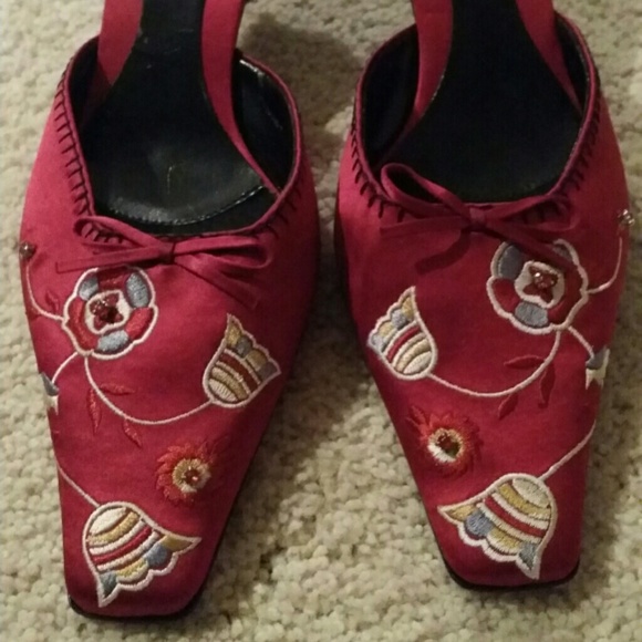 Deep red embroidered Nine West shoes