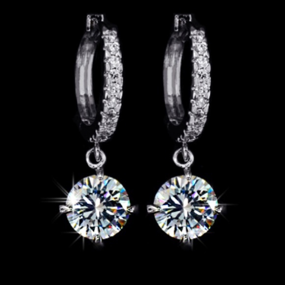 2ct CZ Platinum Plated Hoop Earrings - Picture 1 of 3