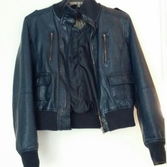 Blue fake leather bomber jacket