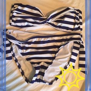 NWOT blue and white striped bandeau swim suit