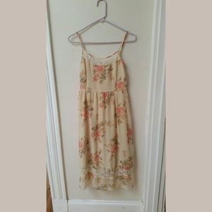 Tan Pink and Yellow Floral Midi Dress | size s