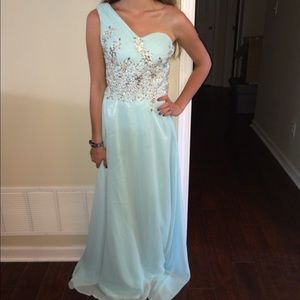 Blue chiffon floor length prom dress