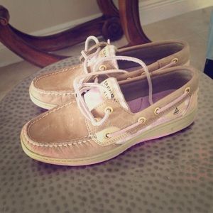 Sperry Topsider pink and white sequin shoes.