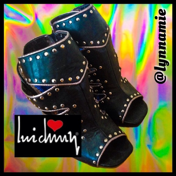 Black studded open toe unique heels