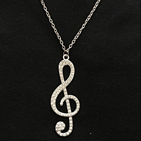 Silver Rhinestone Treble Clef Necklace - Picture 2 of 4