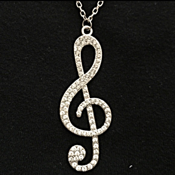 Silver Rhinestone Treble Clef Necklace - Picture 3 of 4