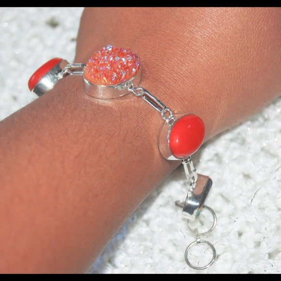 Multi Stones Druzy,Red Onyx Statement Bracelet 7"