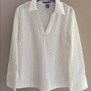 Long sleeved white eyelet top.