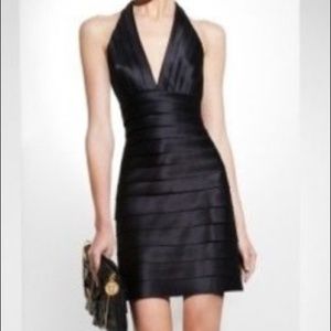BCBG Satin Tier Frayed Halter Cocktail Dress