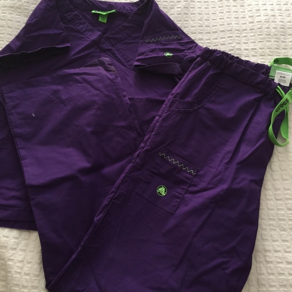 Dark purple with neon green scrub set