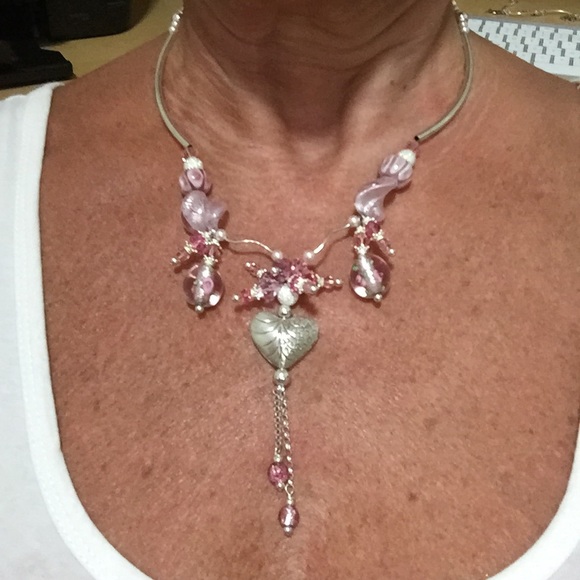 Handmade pink crystal & silver beaded necklace