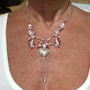 Handmade pink crystal & silver beaded necklace