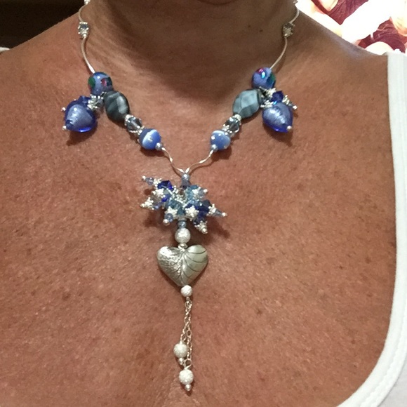 Handmade blue crystal & silver beaded necklace