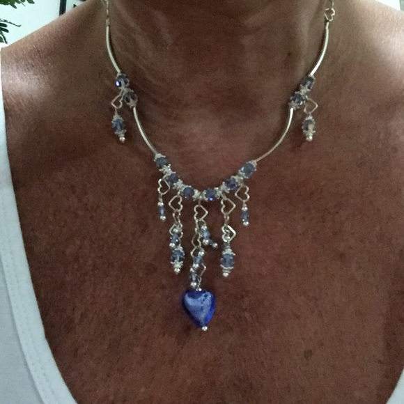 Handmade blue crystal & silver  beaded necklace