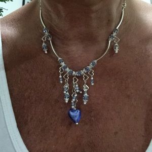 Handmade blue crystal & silver  beaded necklace