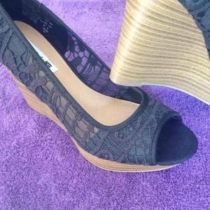 Black lace wedge sandals