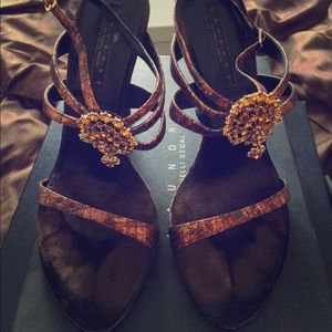 Shelli Segal bronze wedge strappy heels