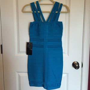 bebe Bodycon Strappy Dress with Mesh Waist Blue