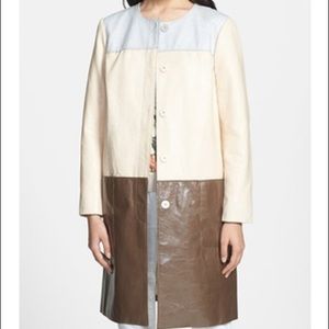 Color blocked leather coat