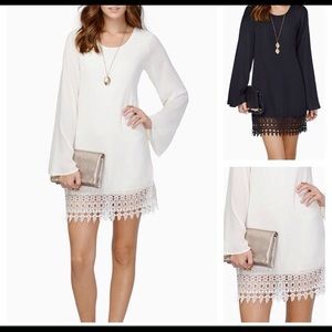 Bell sleeve , white crochet trim dress