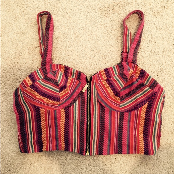 Striped patterned zip up crop top