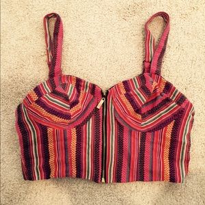 Striped patterned zip up crop top