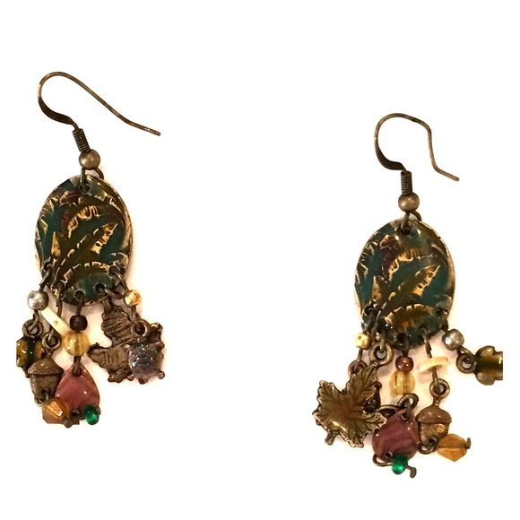 Brown, green, tan dangle earrings